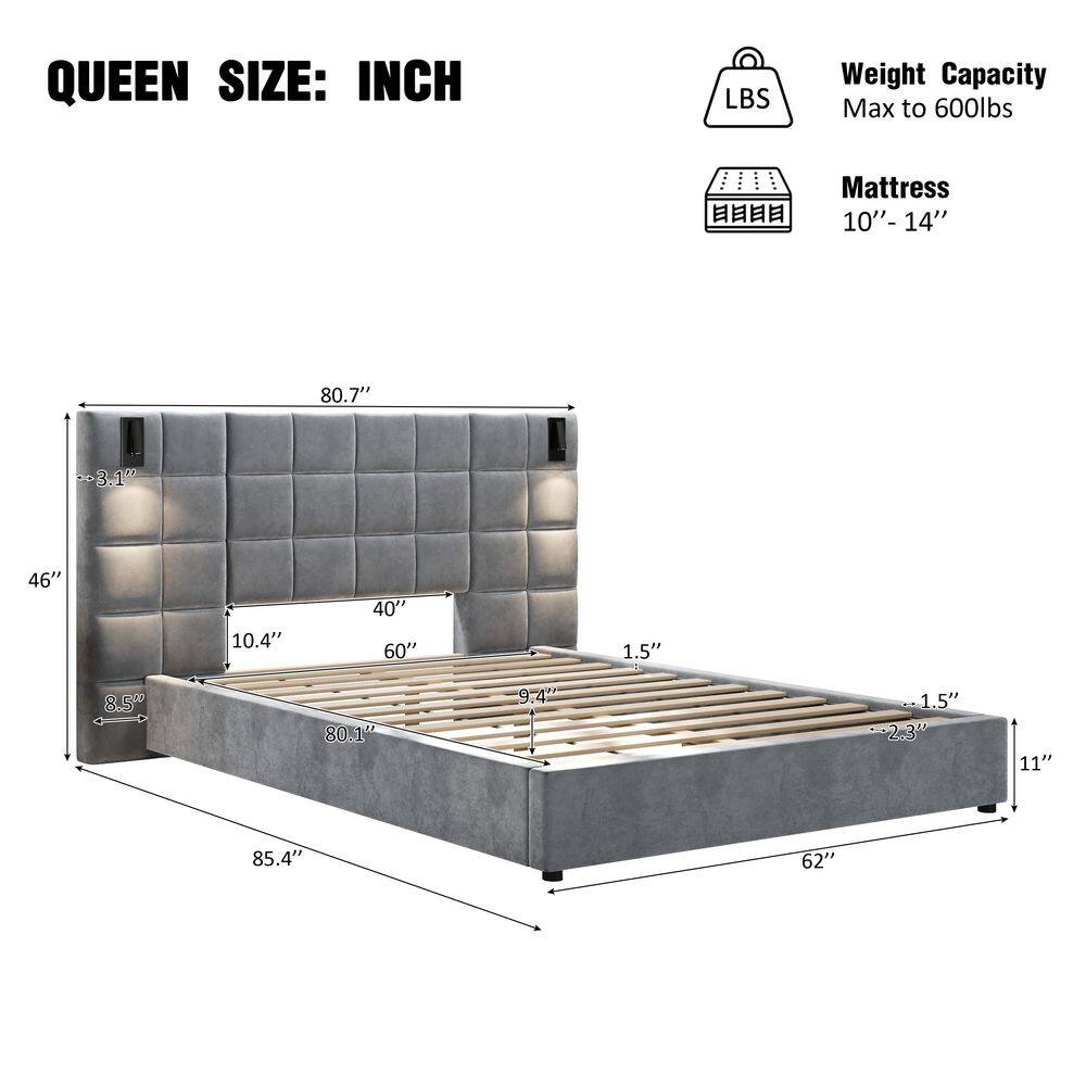 Gray Wood Frame King Velvet Upholstered Platform Bed with Large Luxuriously Padded Headboard, Reading Lamp, USB Port - thumbnail 6