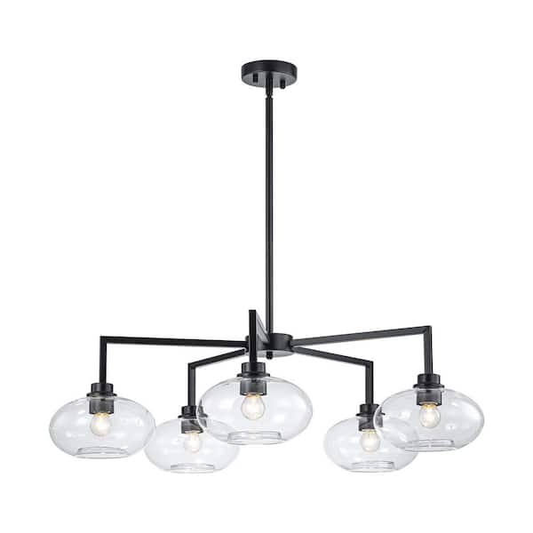 RRTYO Felicia 5-Light Modern Black Globe Chandelier Linear Sputnik Clear Glass Bubble Chandelier for Dining Room