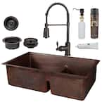 All-in-One Undermount Copper 33 in. 60/40 Double Bowl Short Divide Kitchen Sink with Spring Faucet in Oil Rubbed Bronze