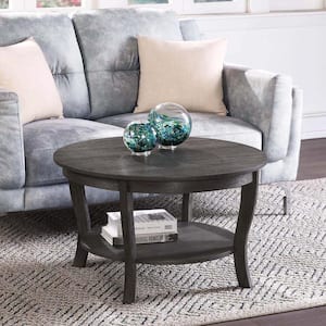 American Heritage 30 in. Dark Gray Wirebrush Round Wood Coffee Table with Shelf