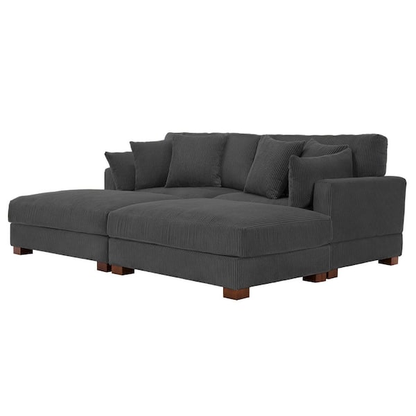 88 in. W Modern Square Arm Corduroy Upholstered Sectional Sofa in Gray with 4-Square Pillows