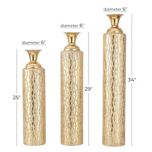 Gold Tall Distressed Metallic Metal Decorative Vase with Growing Vine Pattern (Set of 3)