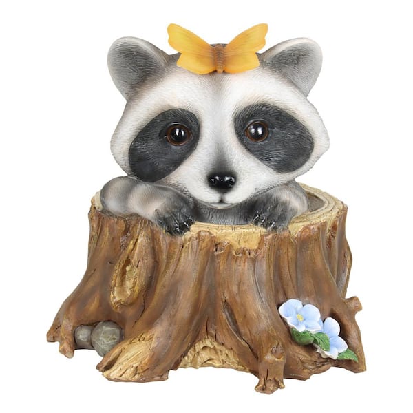 Exhart 8.5 in. Tall Solar Peekaboo Racoon Garden Statue