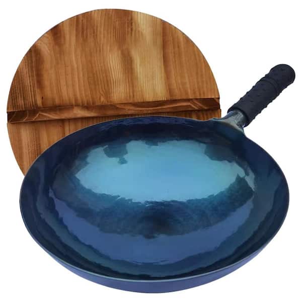 Large 14 in. Blue Carbon Steel Non-Stick Induction Wok, Blue Pre-Seasoned Round Bottom Wok, Traditional Handmade