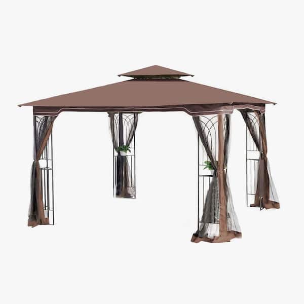 Brown 10 ft. x 10 ft. Metal Outdoor Patio Gazebo Canopy Tent with Ventilated Double Roof and Mosquito Net