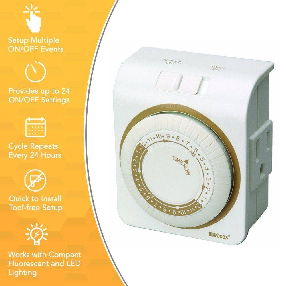 White and Taupe Mechanical 24-Hour Timer for Indoor Lamps and Appliances