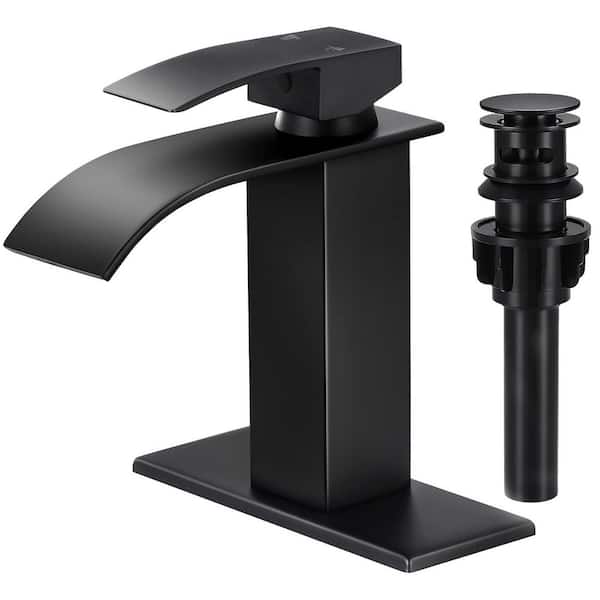 Waterfall Spout Single Handle Single Hole Bathroom Faucet with Deckplate and Pop-up Drain in Matte Black