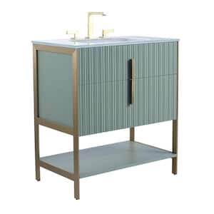 30 in. W x 18 in. D x 33.5 in. H Bath Vanity in Green with Glass Vanity Single Sink Top in White with Brass Hardware