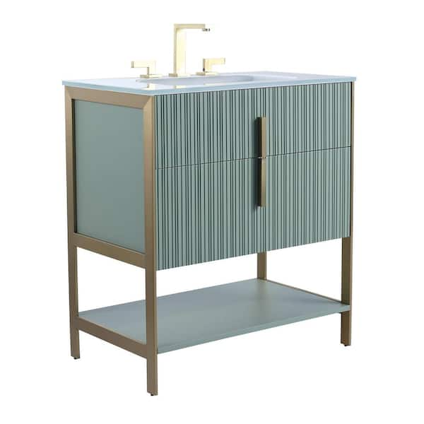 30 in. W x 18 in. D x 33.5 in. H Bath Vanity in Green with Glass Vanity Single Sink Top in White with Brass Hardware