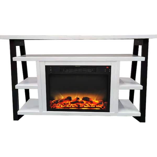 Hanover Industrial Chic 53.1 in. WFreestanding Electric Fireplace TV Stand in White and Black with Realistic Log Display
