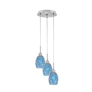 Savannah 9.75 in. 3-Light Brushed Nickel Cord Pendant Light Turquoise Fusion Glass Shade