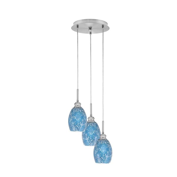 Unbranded Savannah 9.75 in. 3-Light Brushed Nickel Cord Pendant Light Turquoise Fusion Glass Shade