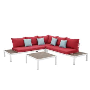 White 4-Pieces Aluminum Patio Conversation Sectional Seating Set with Red Cushion Home Depot Outdoor Sale