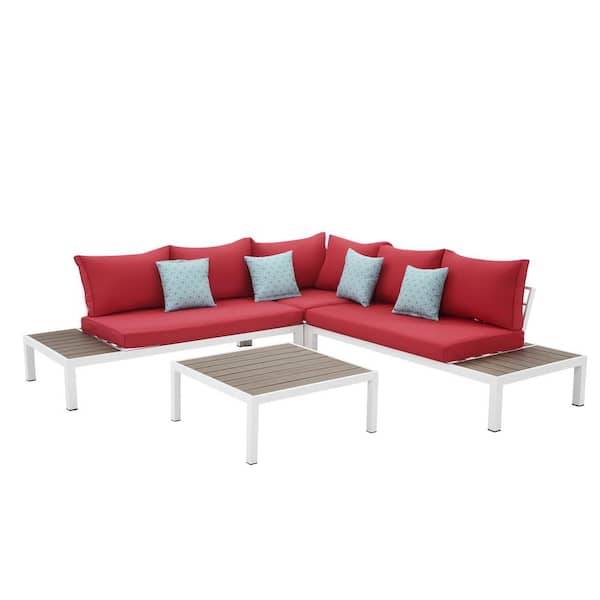 Unbranded White 4-Pieces Aluminum Patio Conversation Sectional Seating Set with Red Cushion Home Depot Outdoor Sale