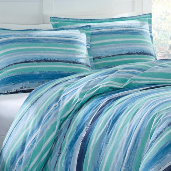 Aqua Blue Striped Cotton, Suburban Living Peony Duvet Cover Set