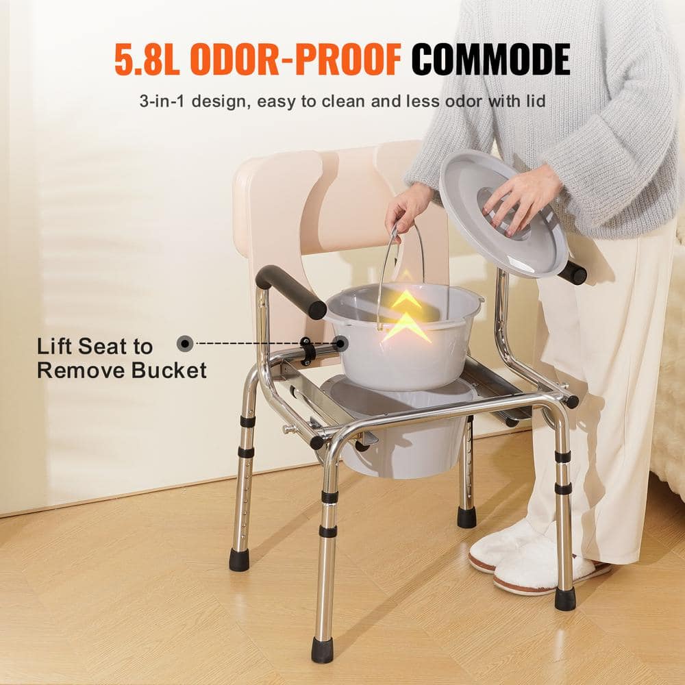 Adjustable Height White Steel Bedside Commode Chair