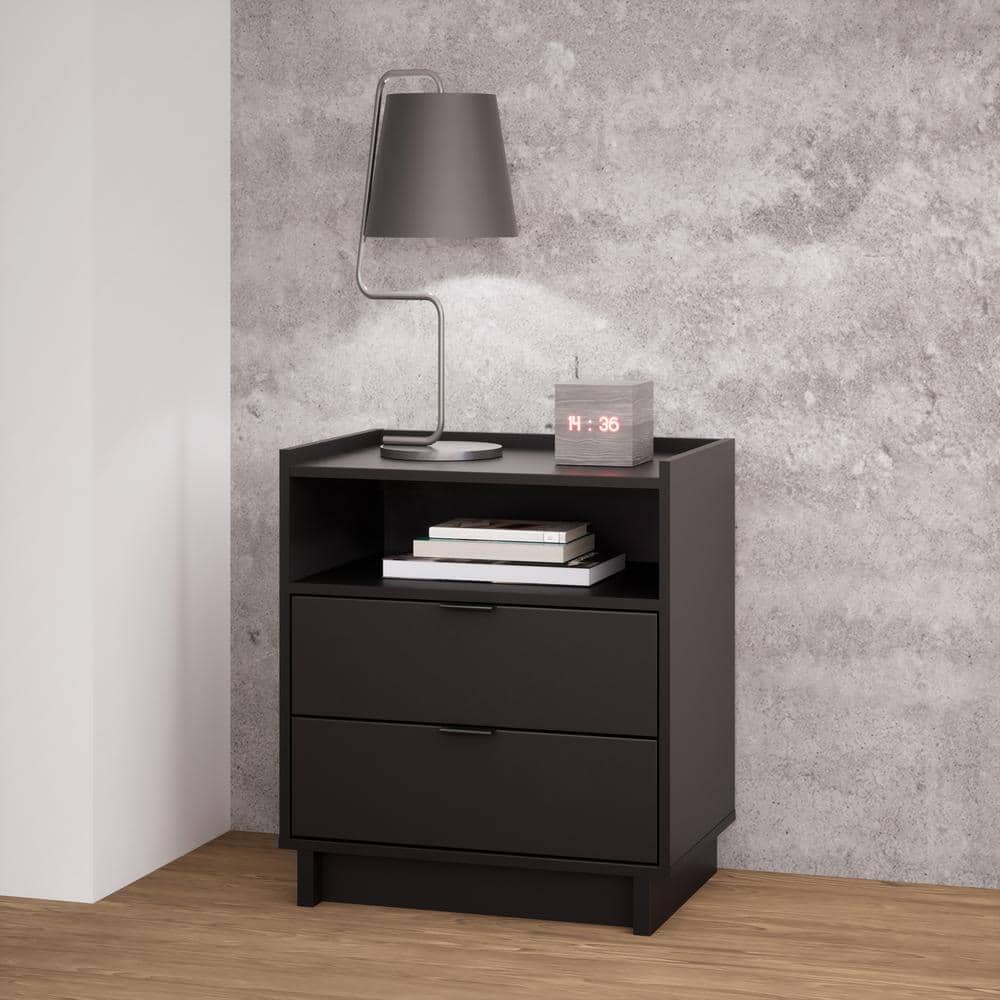 Simple Black 2 Drawer Modern Nightstand with Open Shelf