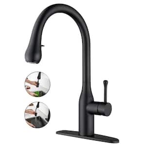 Single-Handle Pull-Out Sprayer Kitchen Faucet with Deck Plate in Matte Black