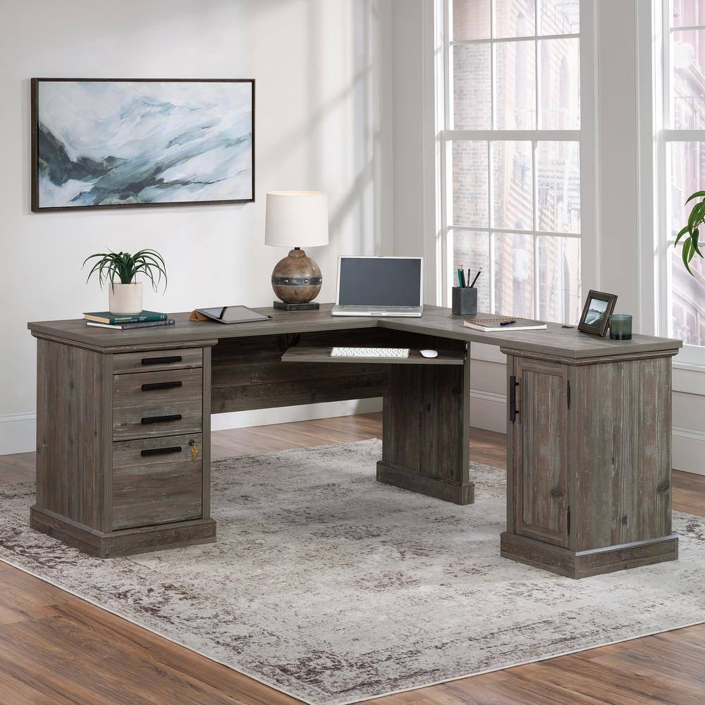 66" Brown Wood L-Shaped Desk with Drawers and Keyboard Tray