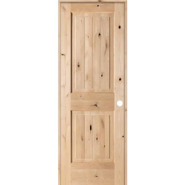 Krosswood Doors 28 in. x 80 in. Knotty Alder 2 Panel Square Top V-Groove Solid Wood Left-Hand Single Prehung Interior Door