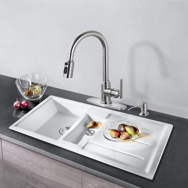 Brushed Nickel 15 in. 3-Mode Single Handle Pull Down Sprayer Kitchen Faucet with 360° Swivel Spout and Soap Dispenser