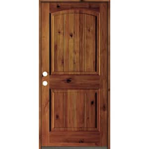 30 in. x 80 in. Rustic Knotty Alder Arch Top V-Grooved Red Chestnut Stain Right-Hand Wood Single Prehung Front Door