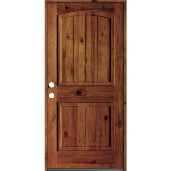 Krosswood Doors 42 in. x 80 in. Rustic Knotty Alder Arch Top V-Grooved Red Chestnut Stain Right-Hand Wood Single Prehung Front Door