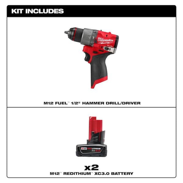 M12 FUEL 12V Lithium-Ion Brushless Cordless 1/2 in. Hammer Drill with 3.0 Ah Battery Pack (2-Pack)