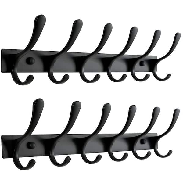 Heavy Duty Wall Mounted Coat Rack with 6 Hooks, Stainless Steel Sturdy Coat Hooks for Clothes, Hat, Black (2-Pack)