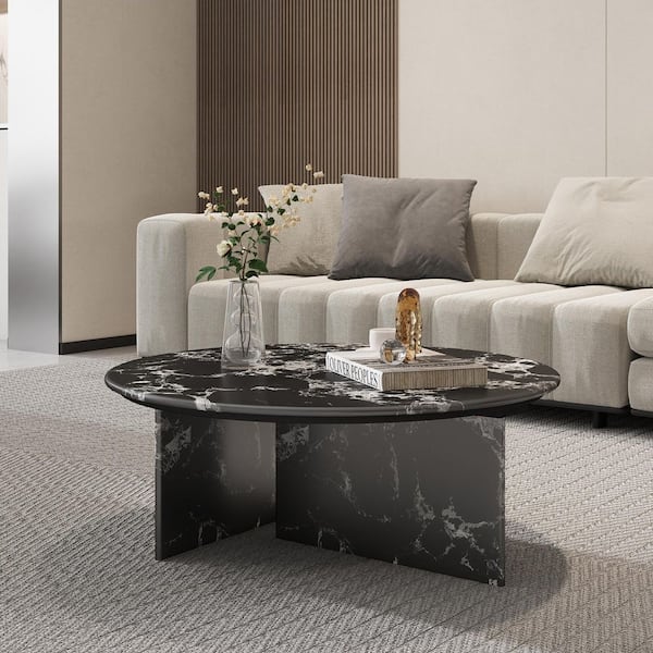 33 in. Black Round Marble Coffee Table with Sturdy Base and Rounded Corners for Living Room