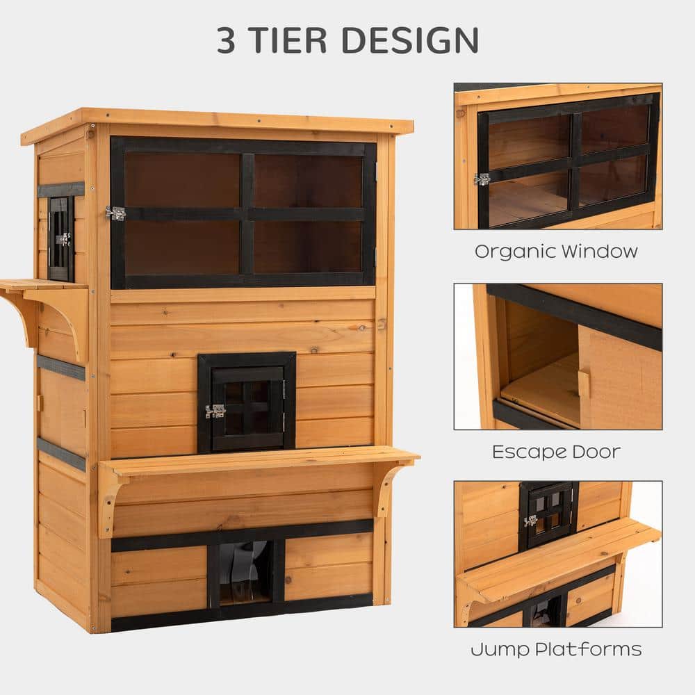 Medium Yellow Wooden 3-Story Outdoor Cat House with Escape Doors
