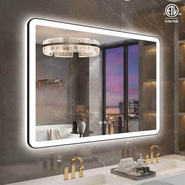 55 in. W x 36 in. H Rectangular Angle Rounded Framed Super Bright LED Wall Mounted Bathroom Vanity Mirror in Matte Black