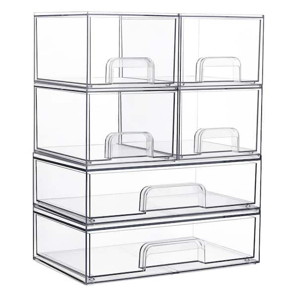 6-Pack Stackable Clear Plastic Over-the-Cabinet Vanity Organizer with Built-in Handle and Non-Slip, 4 Small+2 Wide