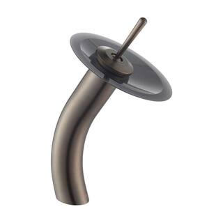Single Hole Single-Handle Low-Arc Vessel Glass Waterfall Bathroom Faucet in Oil Rubbed Bronze with Glass Disk in Gray