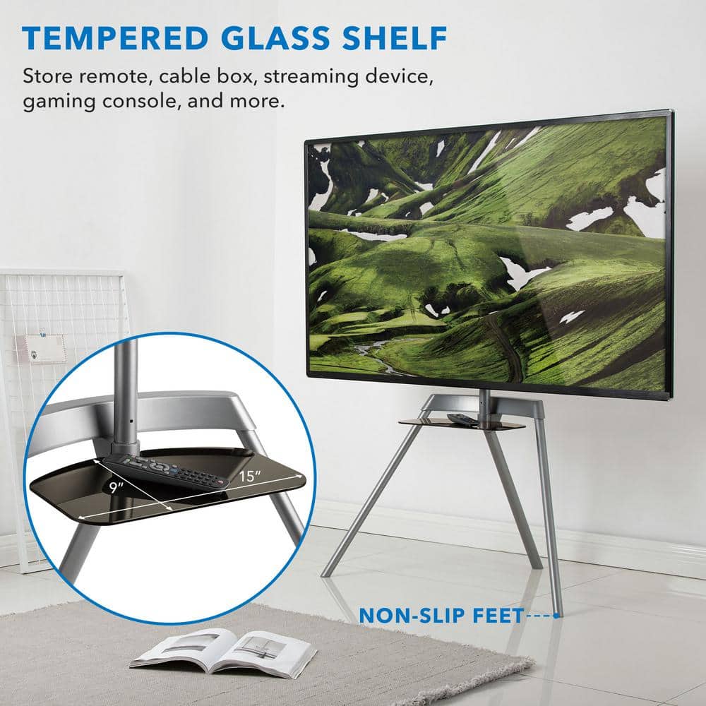 Modern Aluminum and Glass Tripod TV Stand with Shelf