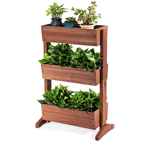 Costway 3-Tier Brown Fir Wood Rectangular Raised Bed Elevated Planter Freestanding