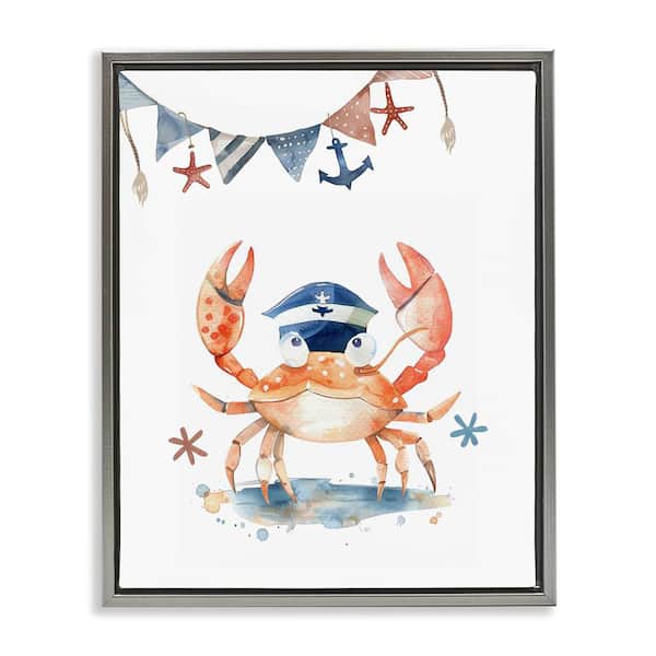 Stupell Industries Crab in Sailor Hat by LSR Design Studio Gray Floater Frame Animal Graphic Art Print 21 in. x 17 in.