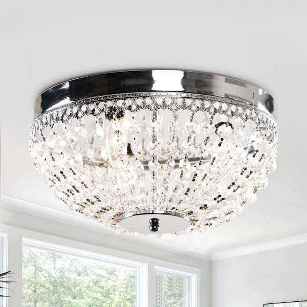 13.75 in. 3-Light Modern Crystal Chrome Flush Mount Ceiling Light Chandelier for Hallway and Bedroom