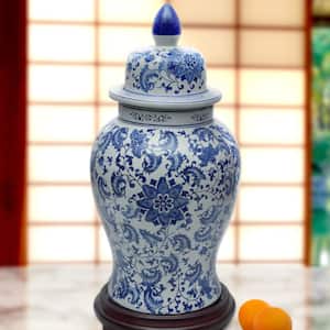 32 in. Oriental Furniture Floral Blue and White Porcelain Temple Jar