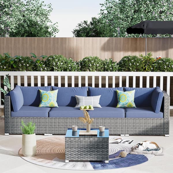 HOOOWOOO Messi Grey 5-Piece Wicker Outdoor Patio Conversation Sofa Seating Set with Denim Blue Cushions