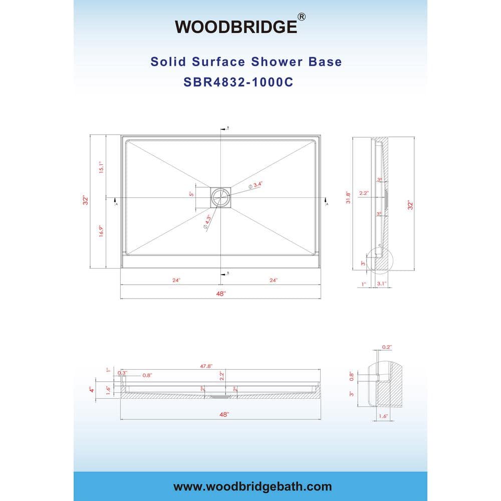 48" White Solid Surface Rectangular Shower Pan with Center Drain