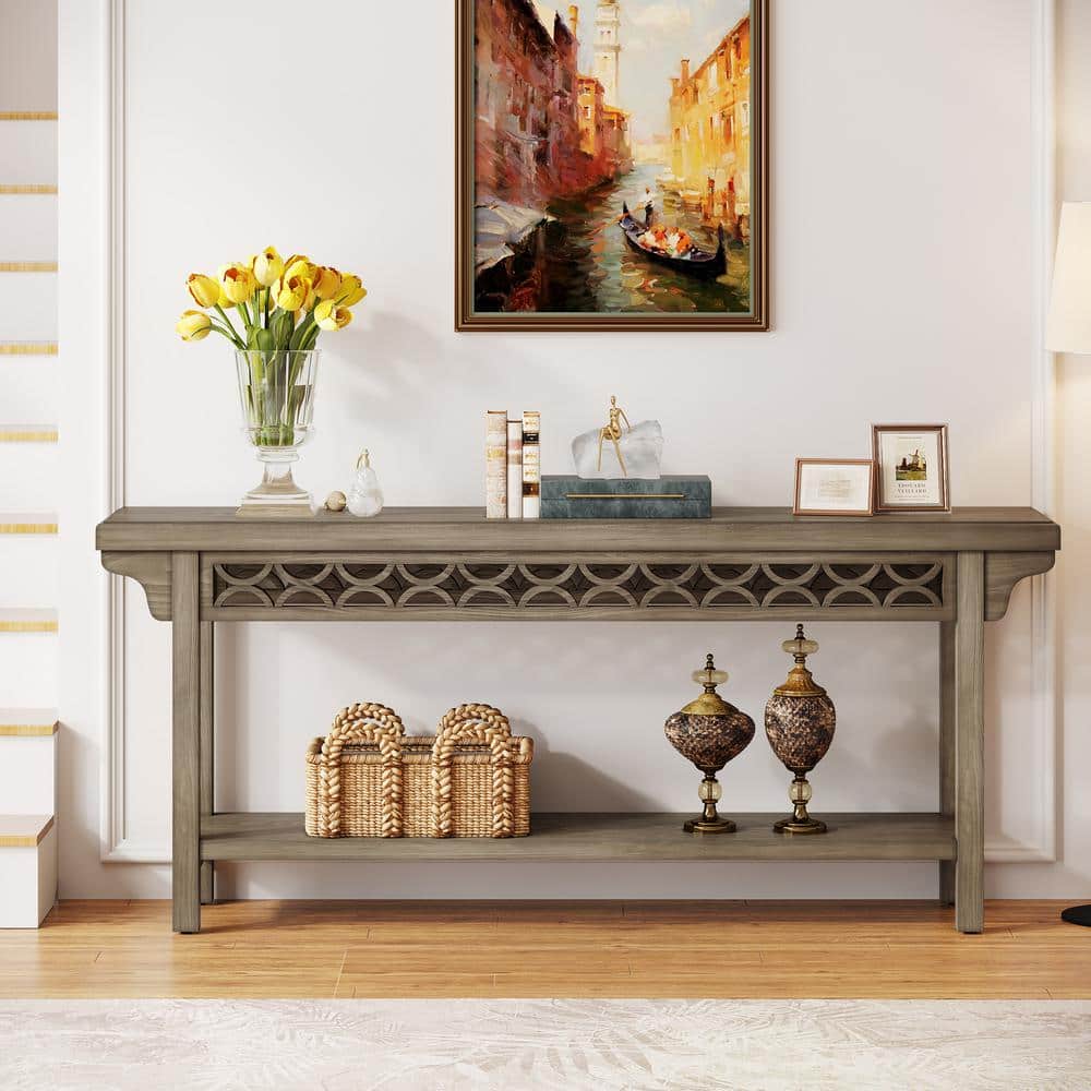 Gray Solid Wood Farmhouse Console Table with Storage