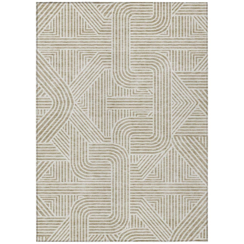 Beige and White Rectangular Synthetic Indoor Outdoor Rug