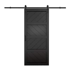 36 in. x 84 in. Black Finished 4-Lite Wave Pattern Style MDF Sliding Barn Door with Hardware Kit and Soft Close