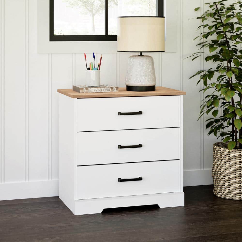 White and Oak 3-Drawer Farmhouse Nightstand