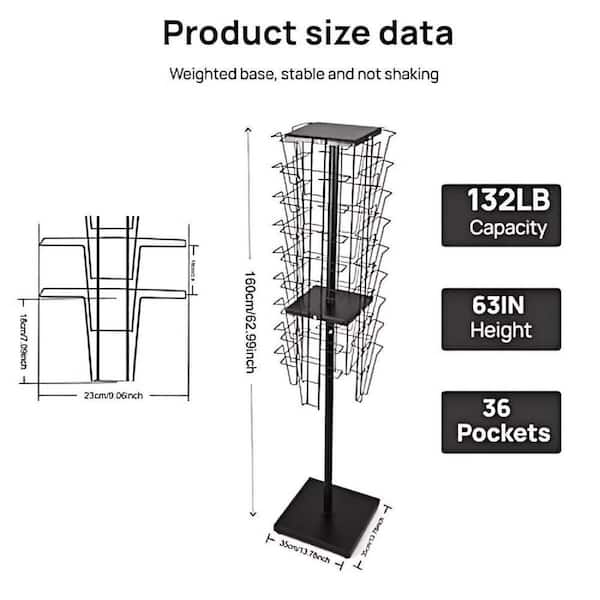 Black 14 in x 63 in Metal 360° Rotating Freestanding Magazine Rack