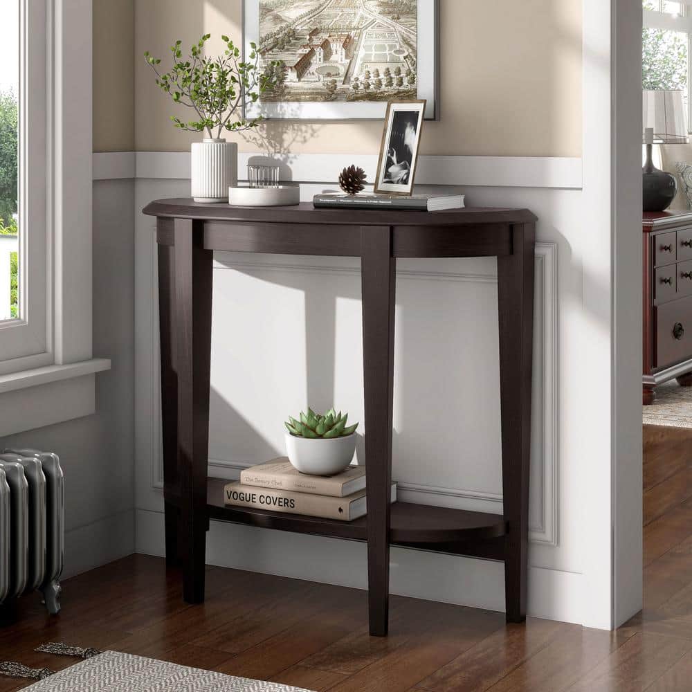 Espresso Brown Wood Semi-Circle Hallway Table with Storage Shelf