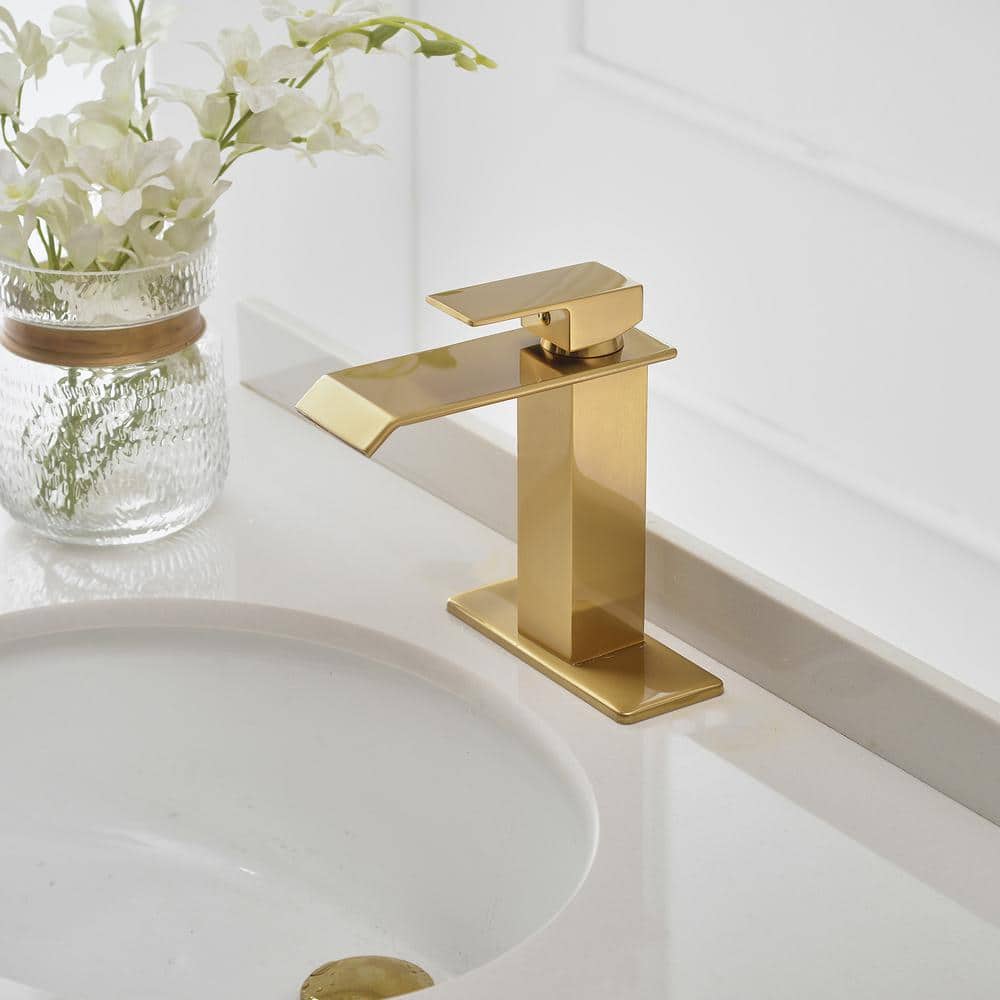 Brushed Gold Single-Handle Low-Arc Bathroom Faucet with Supply Line