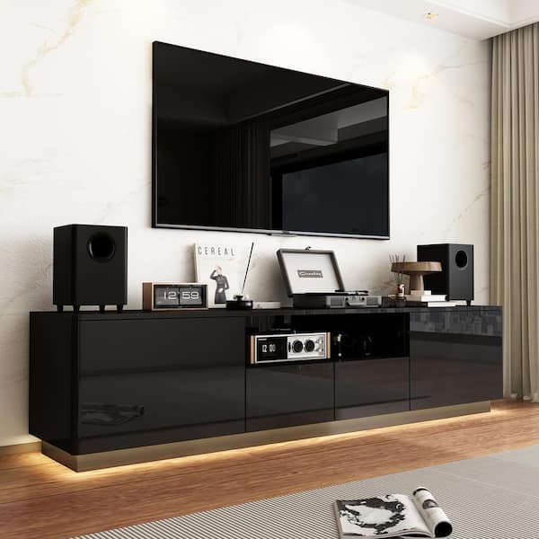 Black Mirror Finished Luxury Wooden TV Stand Entertainment Center for TVs up to 75 in. with 4-Drawers, 1-Shelf and Light