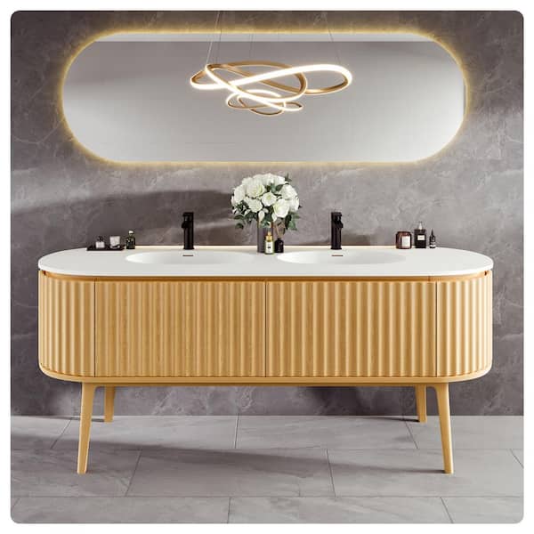 Haven 71 in. Double Sink Natural Oak Bath Vanity with White Solid Surface Top (Assembled)